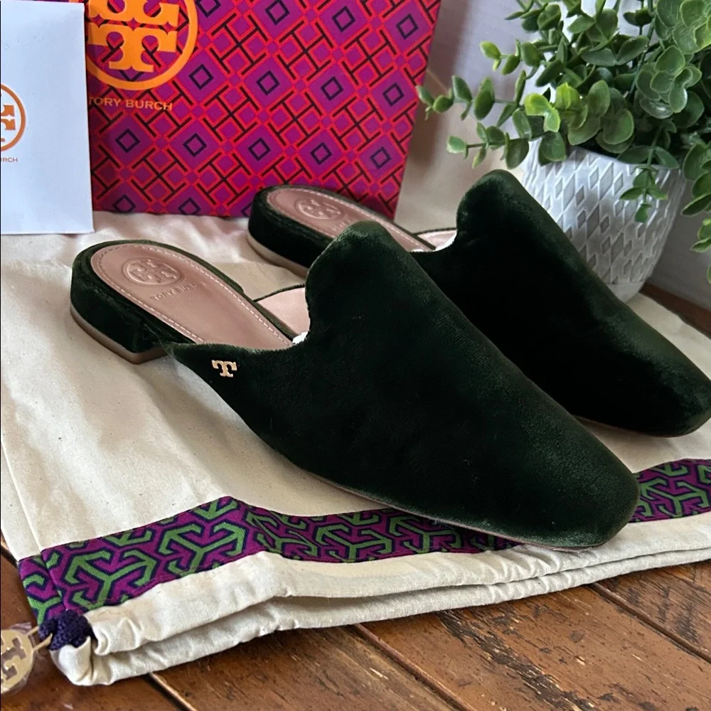 Tory Burch Carlotta Slide Velvet Dark Green Mules
